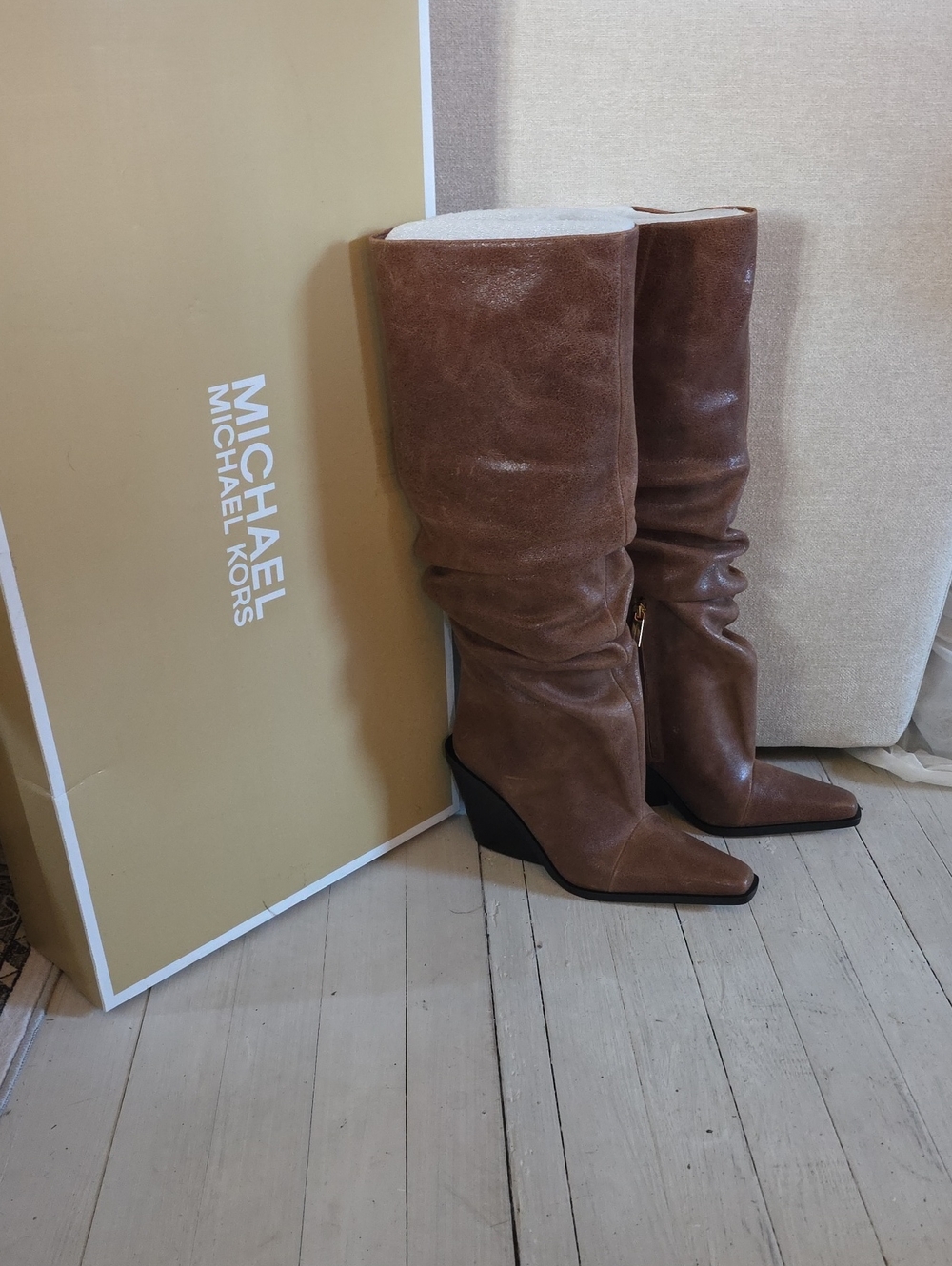 MICHAEL Michael Kors Brown Suede Slouch Wedge Knee Boots
